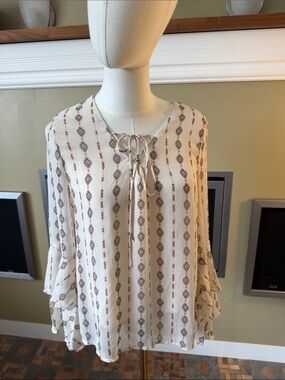 Miss Me Cream Blouse with Brown Geo Stripe